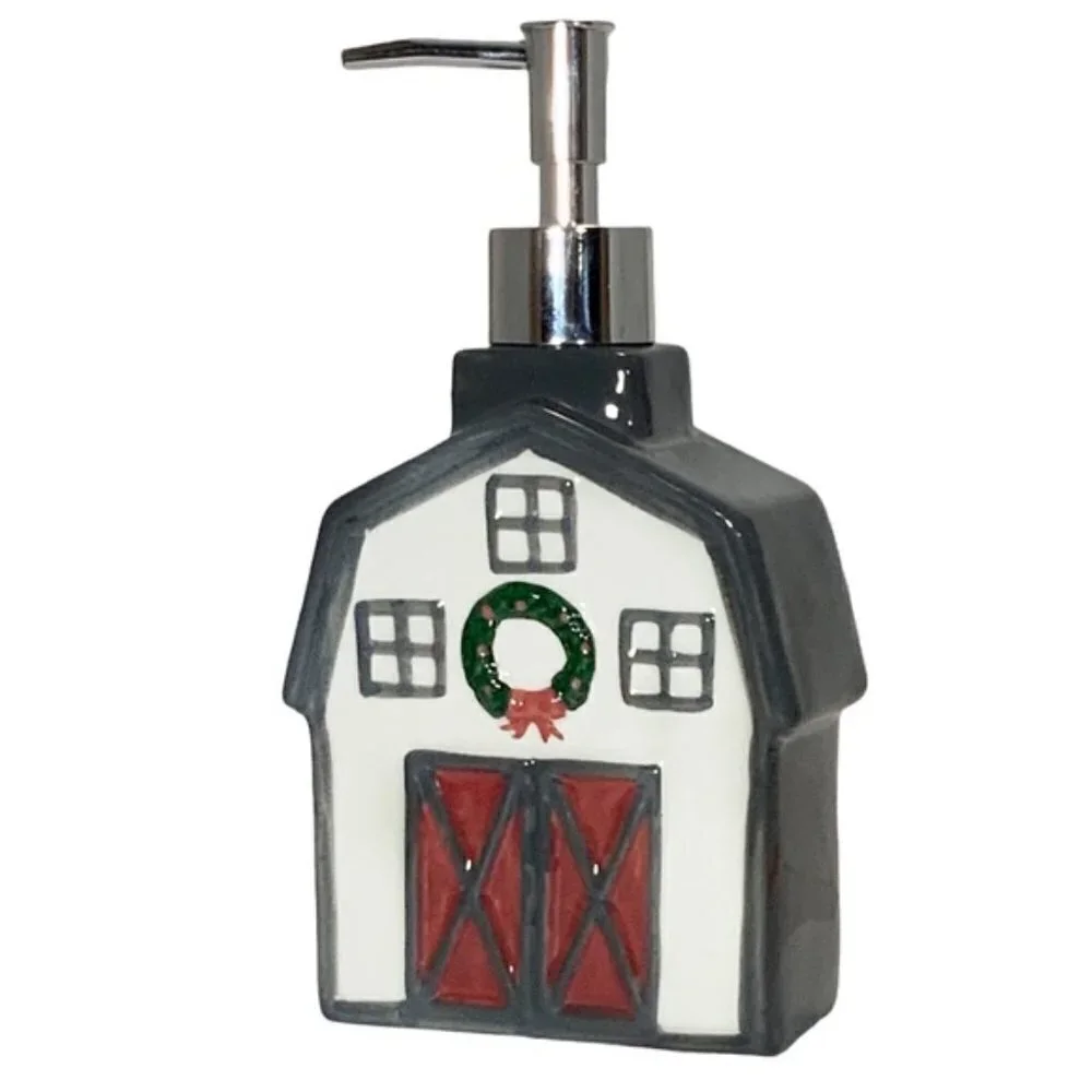 Christmas Barn Soap Lotion Dispenser Ceramic Hand Painted Gift Grey Wreath Re…